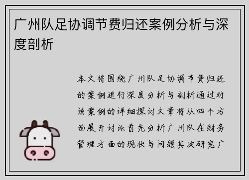 广州队足协调节费归还案例分析与深度剖析